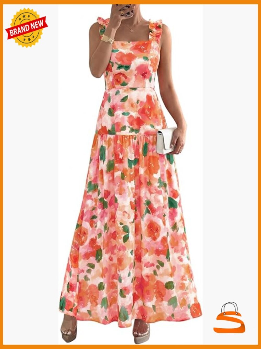 Smocked Floral Maxi Dress Square Neck Sleeveless Loose Fit Summer Formal